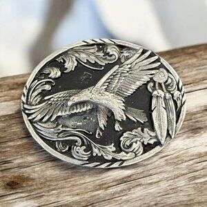 1995 Vintage EAGLE Oval Buckle, Pewter Diamond Cut Belt Buckle Made in USA